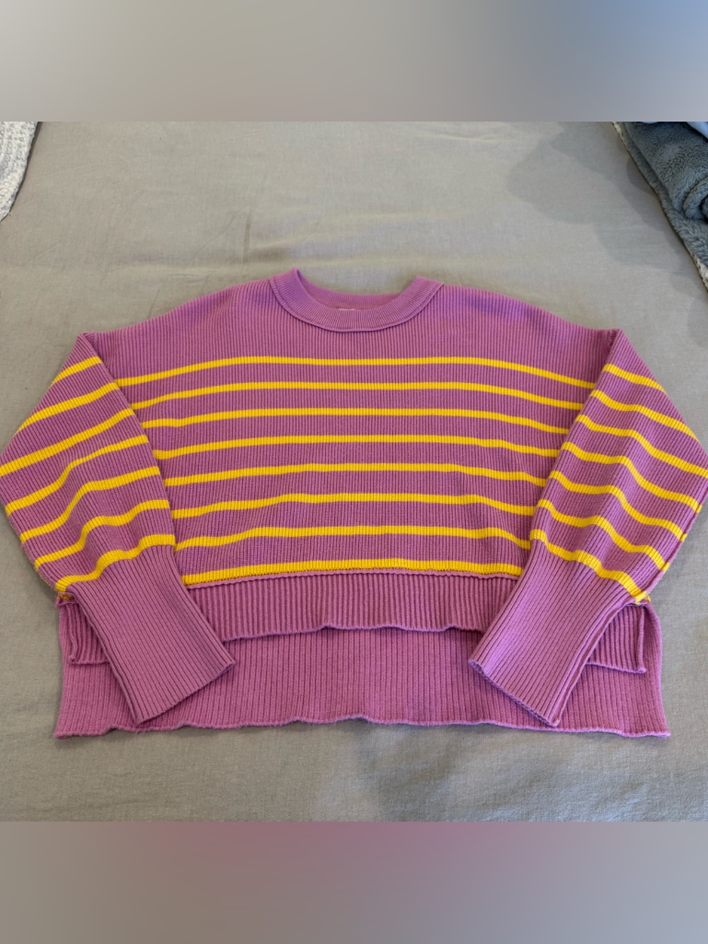Cropped Crewneck Sweater in Pink with Yellow Stripes